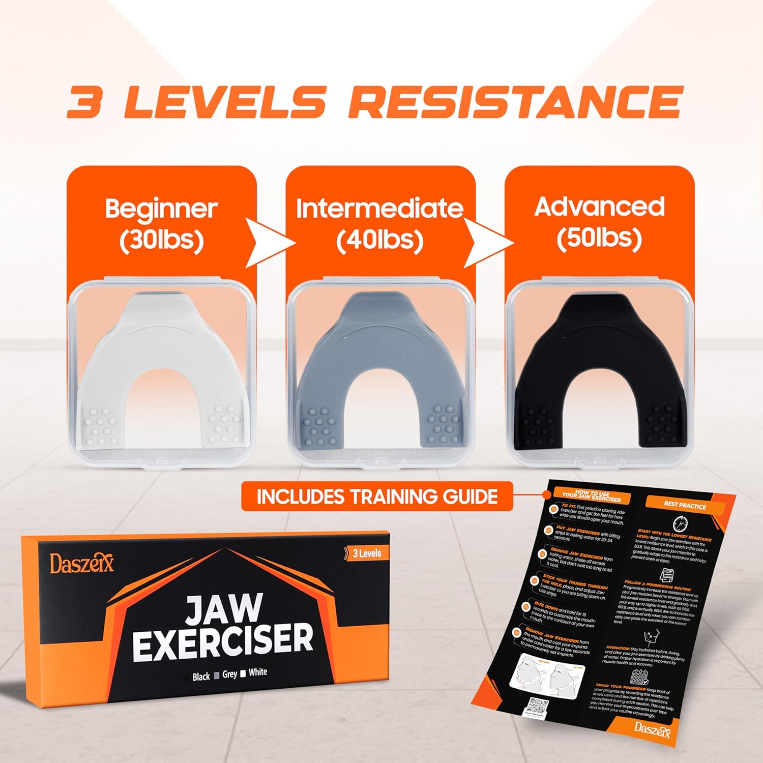 Premium Jaw Exerciser for Men & Women | 3 Resistance Levels, Silicone Jaw Trainer | Strengthen Jaw, Face & Neck Muscles, Reduce Stress & Cravings, Enhance Jawline & Chewing Power